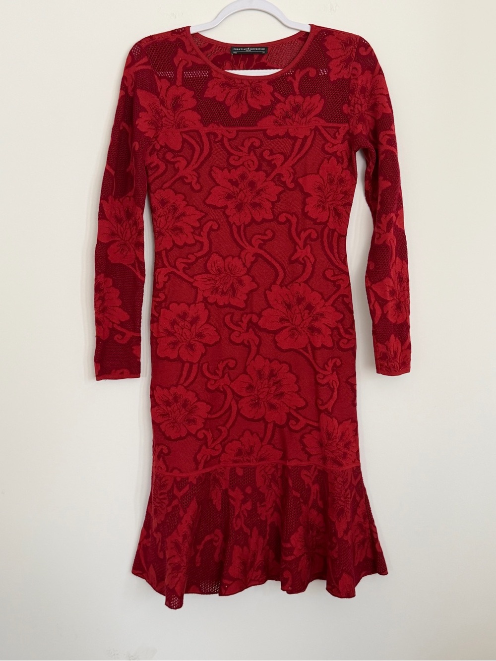 Peruvian Connection XS Red Pima Cotton Dress Floral Knit Lace Ruffle Romantic